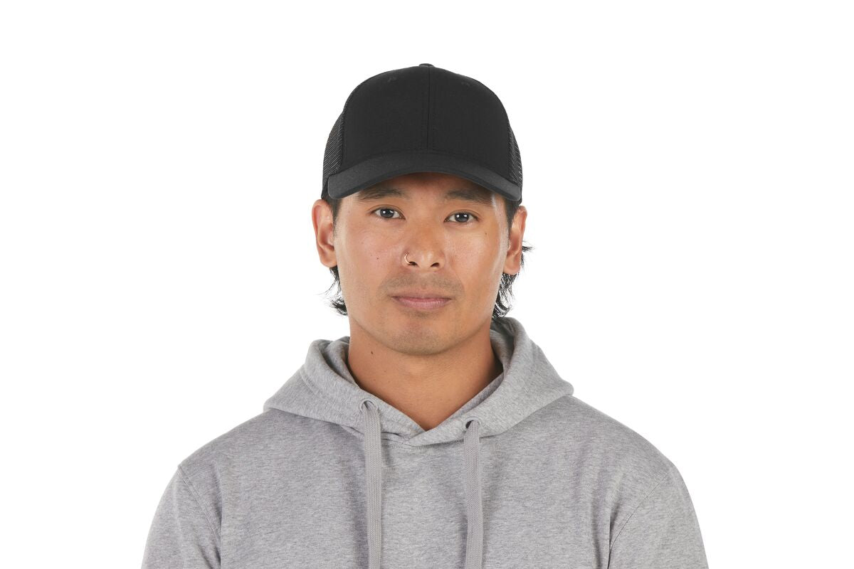 recycled-poly-low-profile-trucker-hat-z8 WebPDP-HAT002002_Recycled_Poly_Low_Profile_Trucker_Hat_Black_Studio_Harper_Studios_0723_Front__HAT002002OS.jpg
